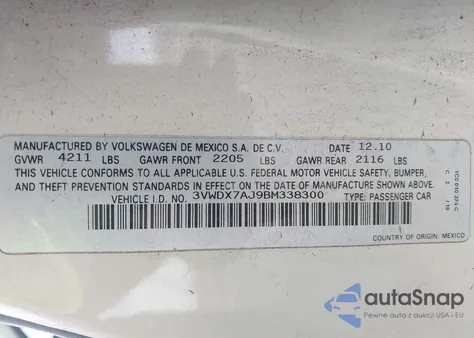 2011 Volkswagen Jetta 2.5L Se z USA, uszkodzony, nr VIN 3VWDX7AJ9BM338300